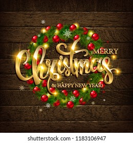 Vector illustration - Christmas coniferous wreath on a wooden background. Merry Christmas 2019