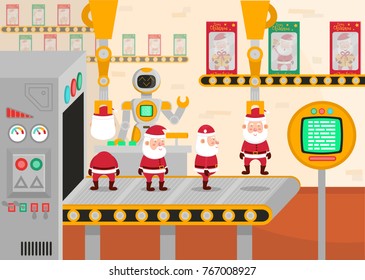 Vector illustration of a christmas conveyor. Robot packs toys Santa Clauses.