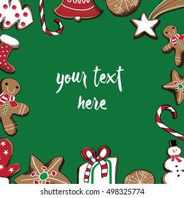 Vector illustration of Christmas cookies on sides on green background