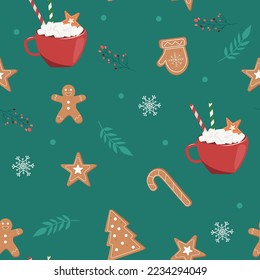 Vector illustration of christmas cookies set on green background with red cup with marshmallow seamless pattern