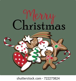 Vector illustration of Christmas cookies stack on green background. Merry Christmas written above it