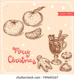 Vector illustration of christmas cookies,mug of mulled wine, mandarin, text Merry Christmas on background with abstract paper texture.Christmas food sketch. Linear art in vintage style.