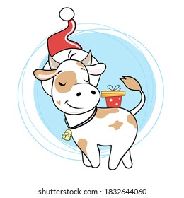 Vector illustration of Christmas cow. Symbol 2021