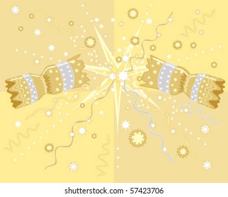 Vector Illustration Of A Christmas Cracker Being Pulled Apart With Stars And Streamers On A Golden Background