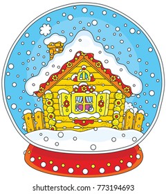 Vector illustration of a Christmas crystal ball with a snow-covered small log house and falling snow inside