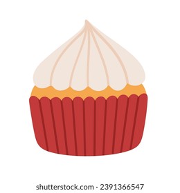 Vector illustration of Christmas cupcake. Holiday dessert icon, decorated with whipped cream. Homemade festive baking.