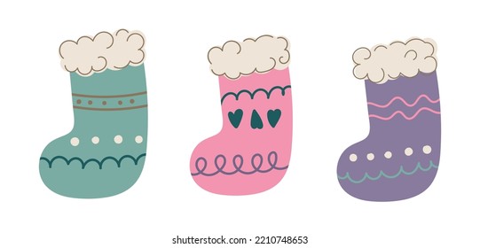 Vector illustration of christmas cute socks in handrow style. Christmas and New Year concept for postcards and decor