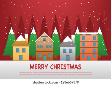Vector illustration of Christmas Day in flat design with urban winter landscape and snow.
