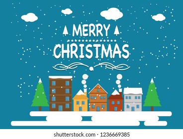 Vector illustration of Christmas Day in flat design with urban winter landscape and snow.