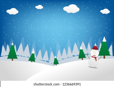Vector illustration of Christmas Day in flat design with winter landscape and snowman
