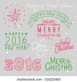 vector illustration with Christmas decals and decorative elements  text, calligraphy, font, snow, new year, 2016, the year of the monkey