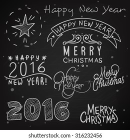 vector illustration with Christmas decals and decorative elements drawn in chalk on the blackboard, text, calligraphy, font, snow, new year, 2016, the year of the monkey