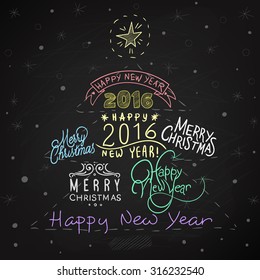 vector illustration with Christmas decals and decorative elements drawn in chalk on the blackboard, text, calligraphy, font, snow, new year, 2016, the year of the monkey