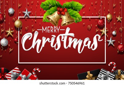 Vector illustration of Christmas decoration with elements and gold confetti on red background