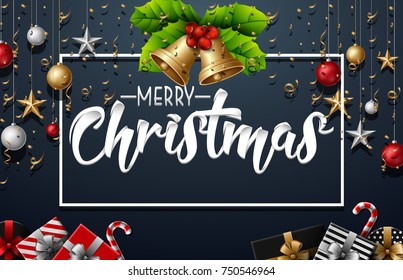 Vector illustration of Christmas decoration with elements and gold confetti on dark blue background