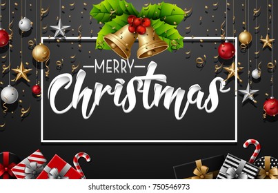 Vector illustration of Christmas decoration with elements and gold confetti on black background