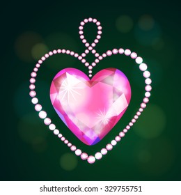 Vector illustration: Christmas decoration in form of heart made of pink glittering crystals isolated on dark green background with shining bokeh circles