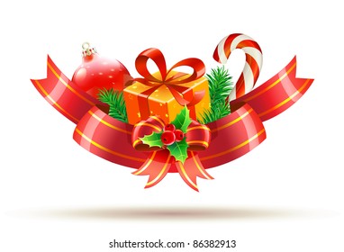 Vector illustration of Christmas decoration with red bow,  ribbons, gift box, holly leaves and berries