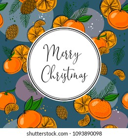 Vector illustration with christmas decoration: tree, balls, tangerines and cone. Design for cards, banners, packing paper and textile. EPS 10