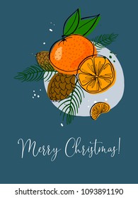 Vector illustration with christmas decoration: tree, balls, tangerines and cone. Design for cards, banners, packing paper and textile. EPS 10