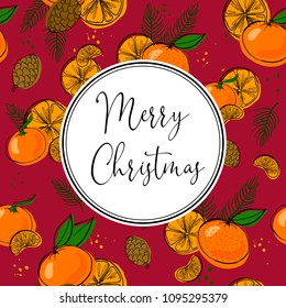 Vector illustration with christmas decoration: tree, balls, tangerines and cone. Template for cards and banners. EPS 10