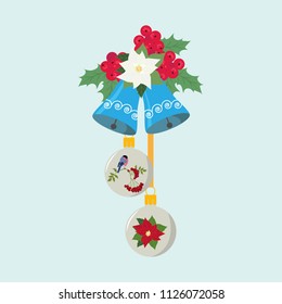Vector illustration of Christmas decorations, bells, balls, holly berries, poinsettia. Template for decorating postcard, poster, web design.