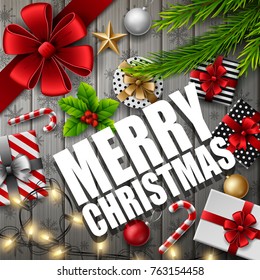 Vector illustration of Christmas decorations with christmas elements over wooden background