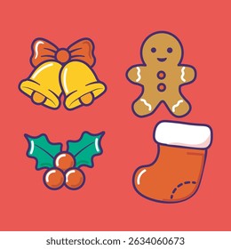Ilustração vetorial de decorações de Natal, incluindo um chapéu de Papai Noel, ornamentos e bagas

