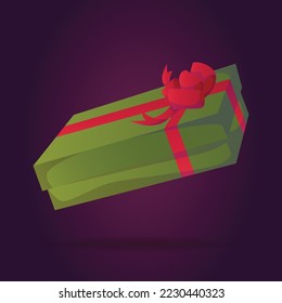 Vector illustration. Christmas decorations. New Year's gift. The green box is tied with a red ribbon with a bow. 