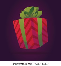 Vector illustration. Christmas decorations. New Year's gift. Red striped box with green ribbon and bow