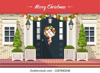 vector illustration. Christmas decorations on the front door of a residential building, a wreath of plants and garlands,