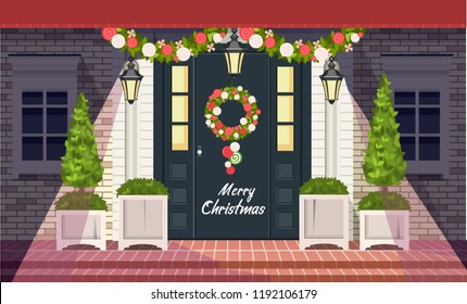 vector illustration. Christmas decorations on the front door of a residential building, a wreath of plants and garlands,
