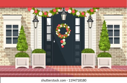 vector illustration. Christmas decorations on the front door of a residential building, a wreath of plants and garlands,