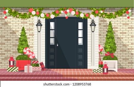 vector illustration. Christmas decorations on the front door of a residential building, a wreath of plants and garlands, gift wrapping,