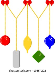 Vector illustration of Christmas decorations in various colors hanging from gold chains and red ribbon bows