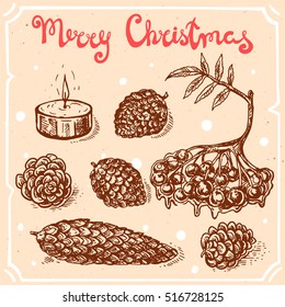 Vector illustration of christmas decoration,text Merry Christmas on the background with abstract paper texture,retro frame.Letters,cones,candle,rowan sketch.Linear art in vintage style for your design