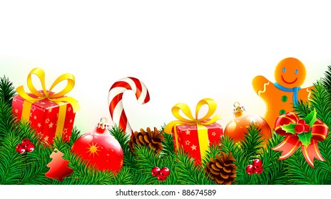 Vector illustration of Christmas decorative background with evergreen branches, pine cones, gift boxes, candy cane,  Christmas decorations and gingerbread man cookie