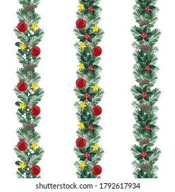 Vector illustration Christmas decorative branches with ornaments. Three seamless pattern