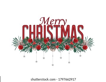 Ilustración vectorial Ramas decorativas navideñas con adornos. Feliz texto de Navidad