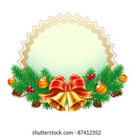 Vector illustration of Christmas decorative frame evergreen branches,red bow, ribbons and golden bells