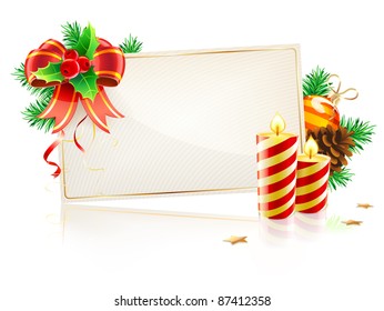 Vector illustration of Christmas decorative frame evergreen branches, red bow, pinecones, holly leaves and berries