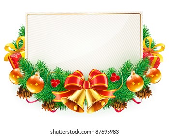 Vector illustration of Christmas decorative frame with evergreen branches,red bow, ribbons and golden bells