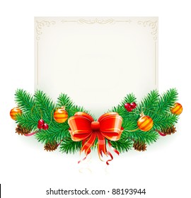 Vector illustration of Christmas decorative frame evergreen branches and bow