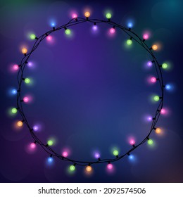 Vector Illustration of Christmas decorative glowing colorful light in round frame on blue background. Light bulbs new year and Christmas party decoration.