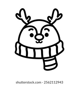 Vector illustration of Christmas Deer character in line art style isolated on white background.