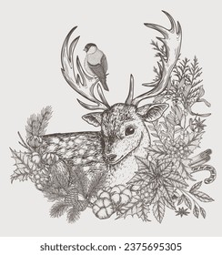 Vector illustration of a Christmas deer in a frame of winter plants in engraving style