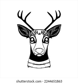 Vector illustration of christmas deer head logo. A deer with antlers on it's head is shown in black and white, with a white background