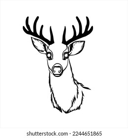 Vector illustration of christmas deer head logo. A deer with antlers on it's head is shown in black and white, with a white background