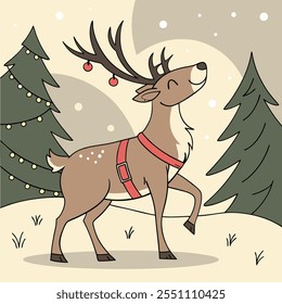 Vector illustration of a Christmas deer in a snowy forest, surrounded by festive winter scenery. Perfect for holiday cards, decorations, and seasonal merchandise.