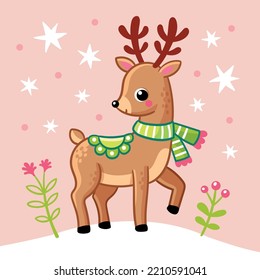 Vector illustration with a Christmas deer standing in the snow. Christmas card in cartoon style on a New Year theme.